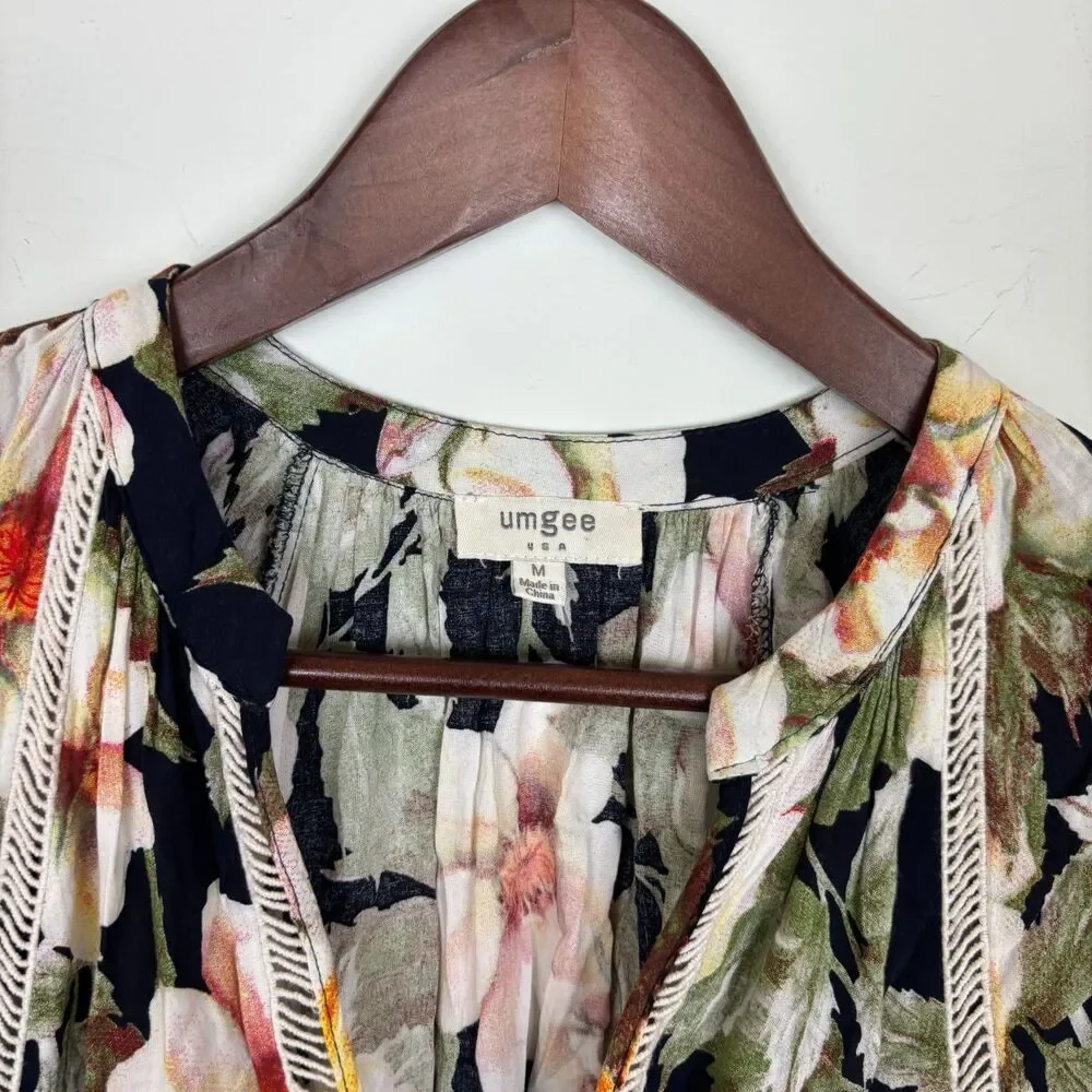 Umgee Apple Blossom Green Floral Tunic Mini Dress Women's Medium
